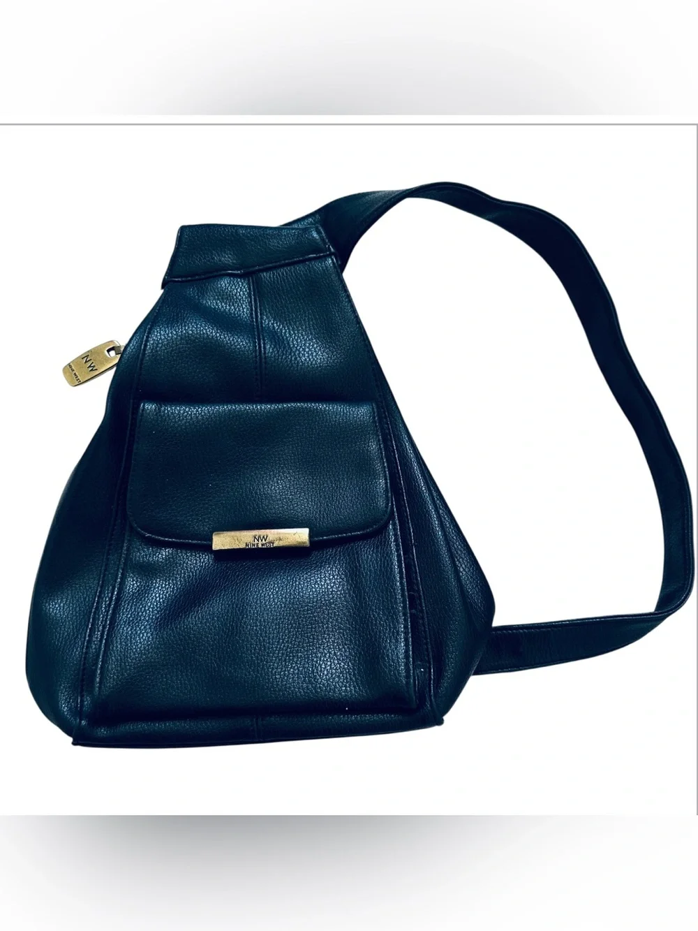 Nine West Black Leather Crossbody Sling Bag with Gold Accents